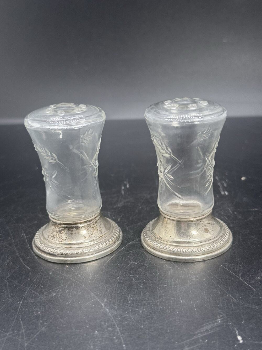Vintage F.B. Rogers Sterling Weighted Glass Salt Pepper Shakers 3” Floral